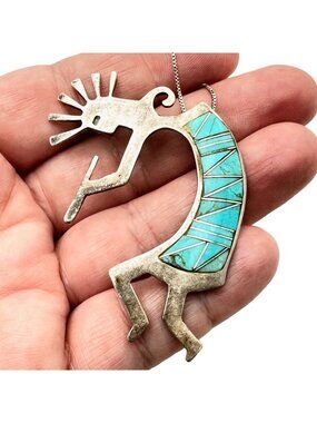Vintage Southwest Womens Necklace Sterling Silver Turquoise Kokopelli Pendant